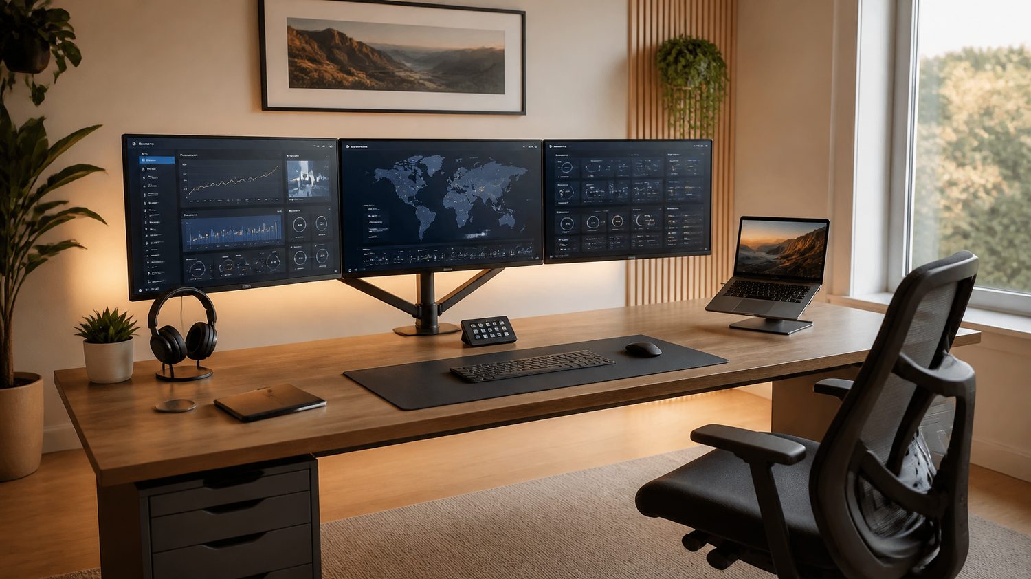 Clean three-monitor home office workstation with cable management set up by Matthew's Tech in Nassau County